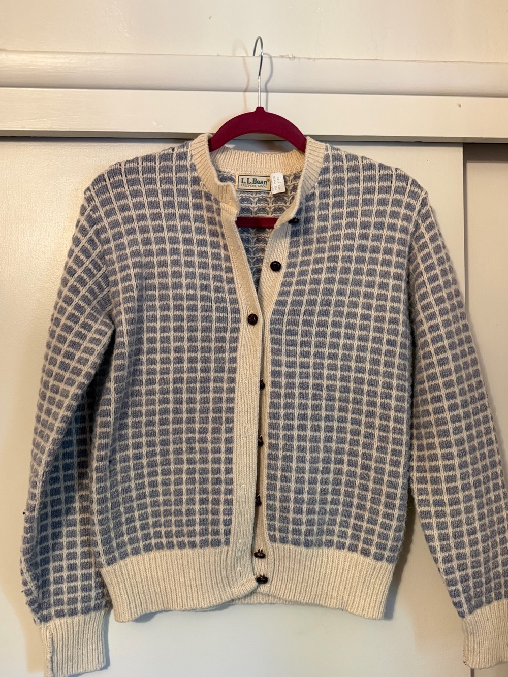 L.L. Bean Blue and Cream Grid-Pattern Wool Cardigan